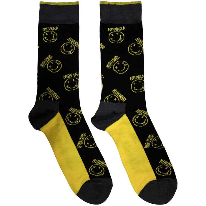 Nirvana Unisex Ankle Socks: Yellow Happy Face Pattern (Black) (UK Size 6 - 11)