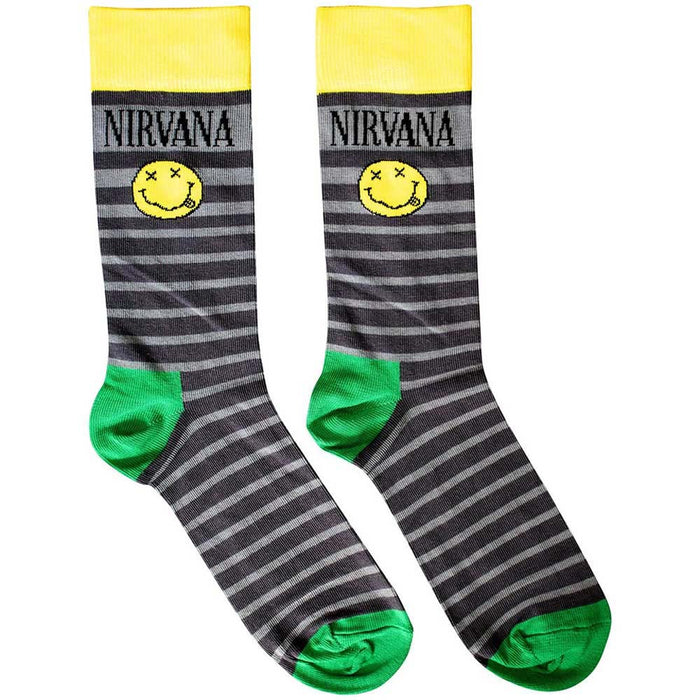 Nirvana Unisex Ankle Socks: Happy Face & Logo Stripes (Grey) (UK Size 6 - 11)