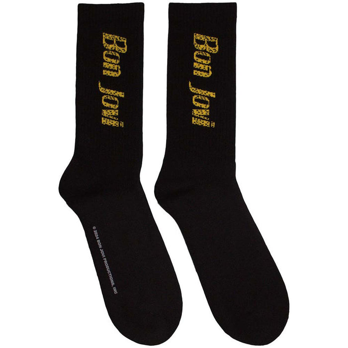Bon Jovi Unisex Terry Socks: Yellow Logo (Black) (UK Size 7 - 11)