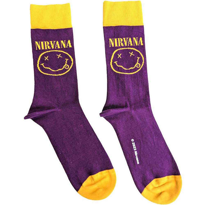 Nirvana Unisex Ankle Socks: Yellow Happy Face (Purple) (UK Size 4 - 7)