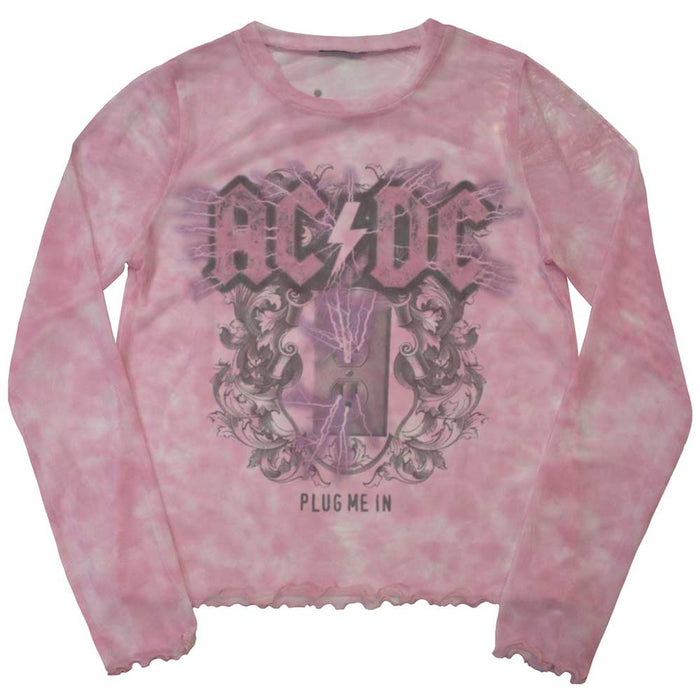 AC/DC Plug Me In Pink Mesh Long Sleeve XL Ladies Crop Top T-Shirt