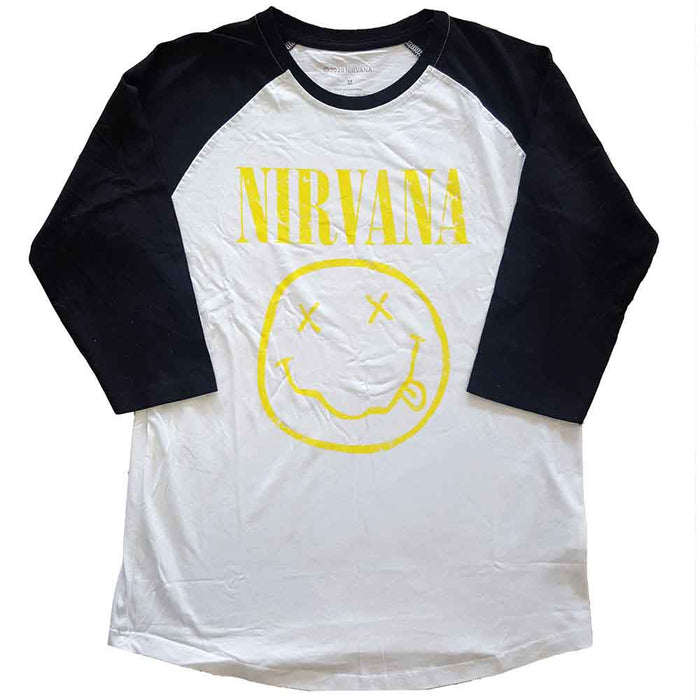 Nirvana Yellow Happy Face Raglan White Large Unisex T-Shirt