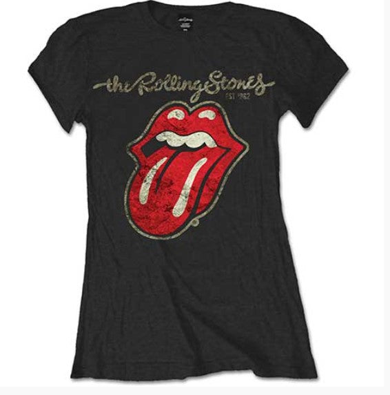 The Rolling Stones Plastered Tongue Black Ladies X-Large T-Shirt