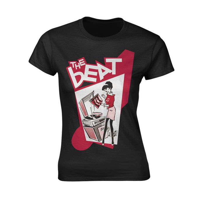 THE BEAT Record Player Girl WOMENS Black LARGE T-Shirt NEW